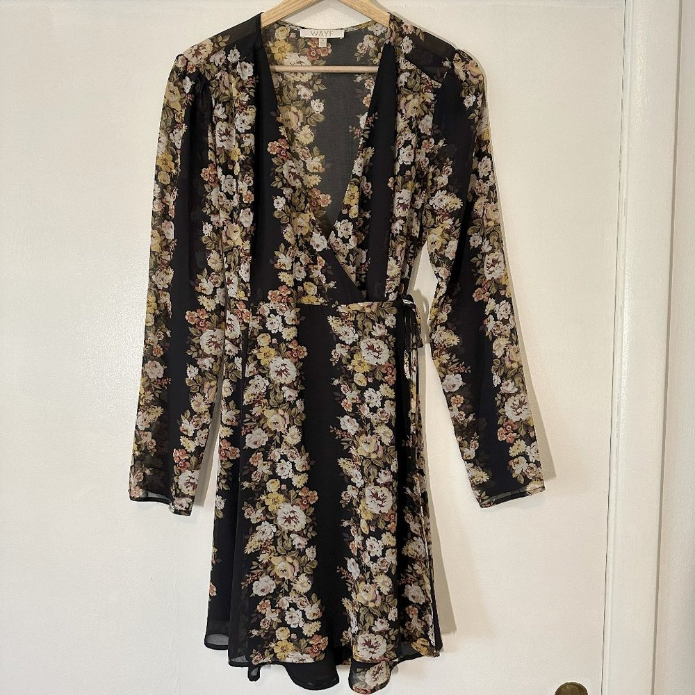 WAYF Medium Long Sleeve Black Floral Wrap Dress